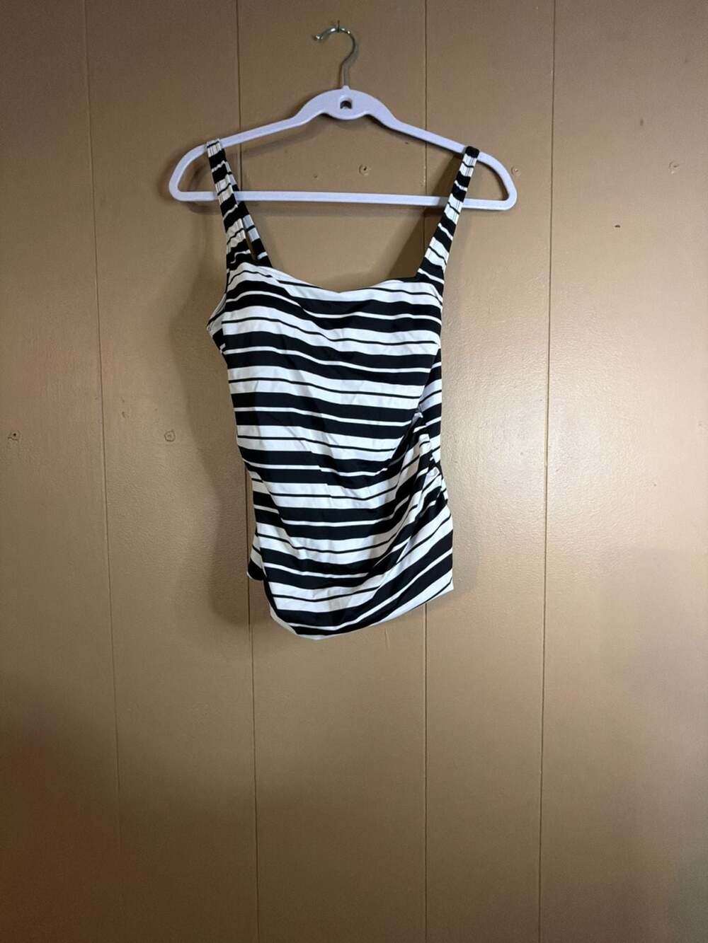 Swim Solutions Women's Black and White Striped Square Neck Tankini Top
